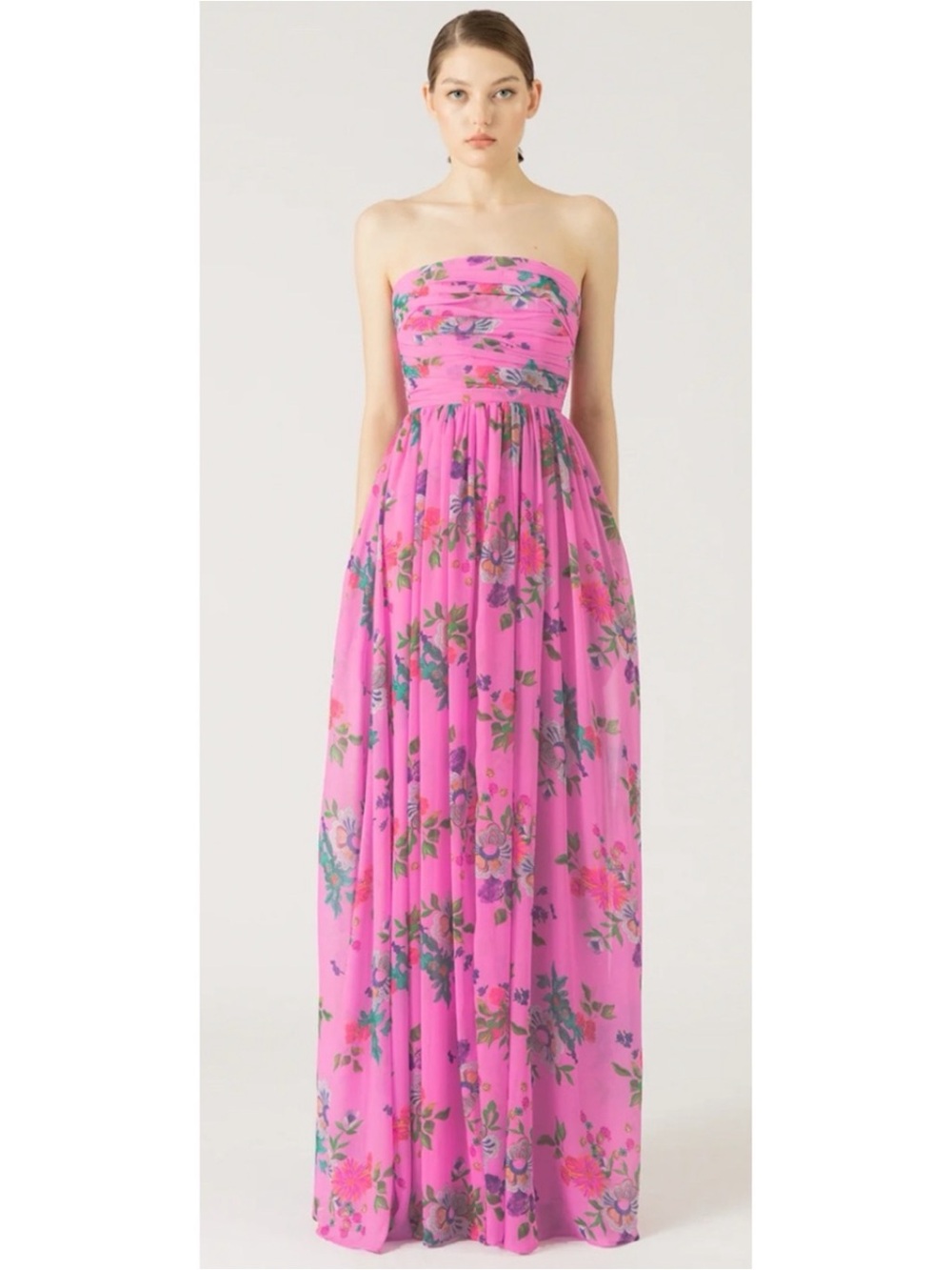 SAU LEE Camille Strapless Floral Ruched Pink Maxi Dress Size 6 - Picture 2 of 11